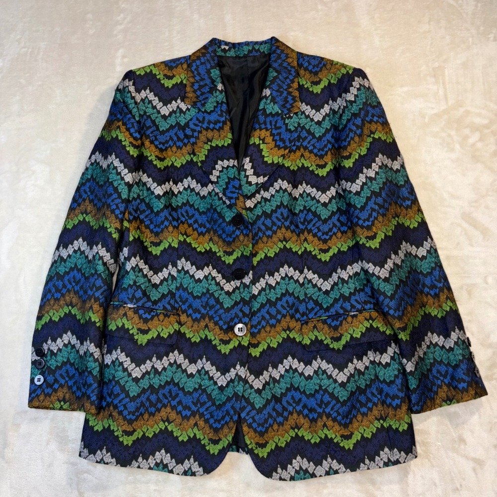 VTG Missoni Donna Multi-Color Chevron Jacquard Blazer Jacket Sz 12 Italy Luxury